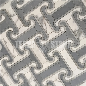 White And Grey Marble Mosaic Cross Design Water Jet Tiles