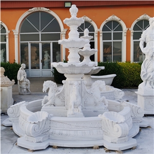 Custom Made White Marble 4 Pegasus Carving  Water Fountain