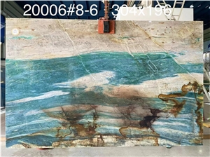 Dunhuang Frescoes Big Slab Bookmatched Yellow Blue Color