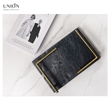 UNION DECO Black Decorative Marble Tray With Golden Handle