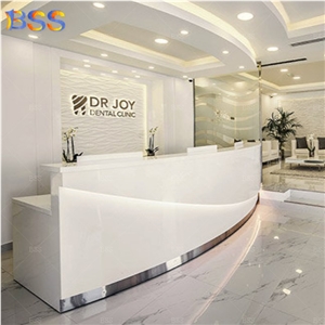 Creative Glossy White Stone Curved Dental Front Desk Design