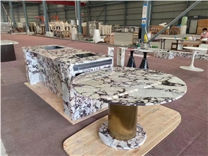 Marble Grand Antique Stone Dining Table Top With Metal Base