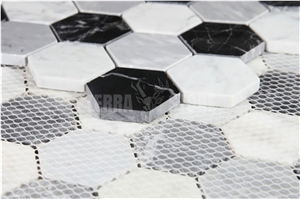 2" Hexagon Carrara White Marble Nero Marquina Mosaic Tile