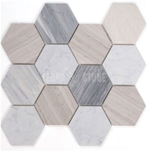 3" Hexagon Marble Mosaic Carrara White Wooden Marble Tile