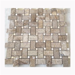 Brown Travertine Mosaic Basketweave Bathroom Wall Tiles