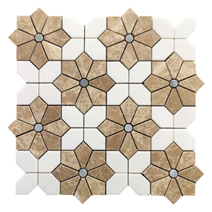 White And Brown Marble Mosaic Flower Pattern Bathroom Floor