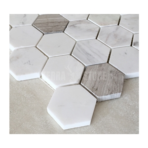 2 Inch Hexagon Marble Mosaic Volakas And White Wood
