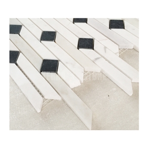 White Marble With Black Square Stone Dots Strips Mosaic Tile