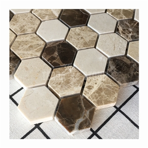 Beige Brown Marble Mixed Hexagon Mosaic Stone Floor Tile