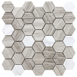 Multi Colors White Oak Wooden Marble Volakas Hexagon Mosaic