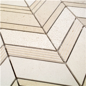 Winged Crema Marble Tile Chevron Pattern Textured Mosaic