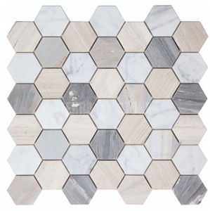 Carrara White Wood Blue Sand Marble Hexagon Mosaic Tile