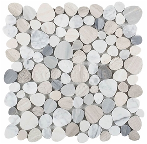 Carrara White Wooden Marble Pebble Mosaic Flooring Tiles