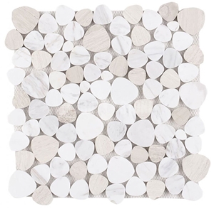 Carrara White Wooden Marble Pebble Mosaic Flooring Tiles