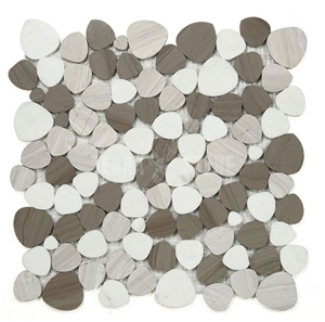 White And Anthens Wooden Marble Mosaic Pebble Pattern Tile