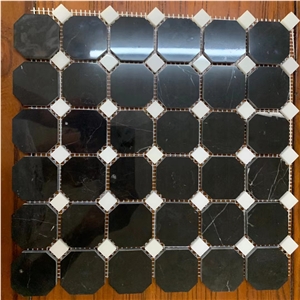 Nero Marquina Marble Octagon Mosaic Tile With White Dot