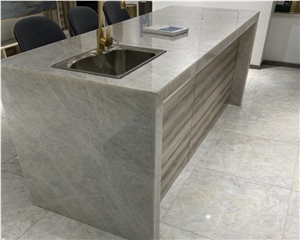 Cristallo White Quartzite Slabs Kitchen Countertop Design