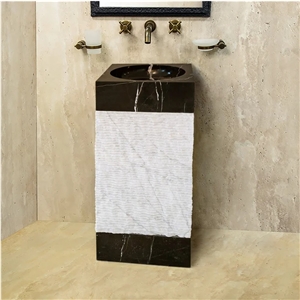 Natural Stone Marble Pedestal Sink Toros Black/Carrara White