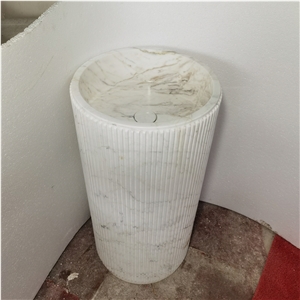 Solid Marble Carrara Pedestal Round Wash Basin For Bathrooms