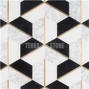 Decade Nero Blanco Polished Marble And Brass Mosaic Tile