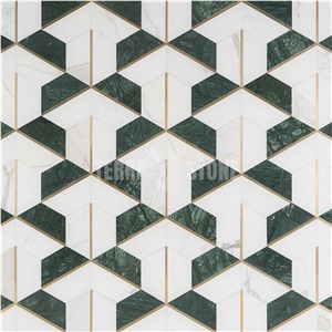 Decade Verde Polished Marble And Brass Mosaic Tile