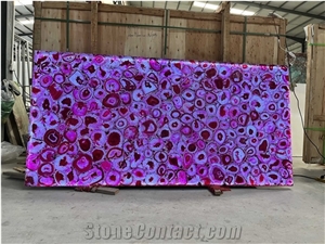 Pink Agate Semiprecious Stone Slab With Light