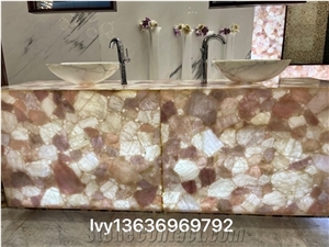 Pink Crystal Quartz Semiprecious Stone Bathroom Counter Unit