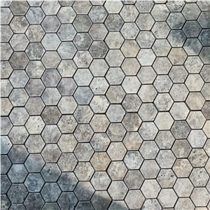 Silver Travertine Mosaic Tiles Tumbled Hexagon X 4.8 Cm