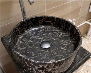 Black Gold Marble Natural Stone Round Sink Wash Basin