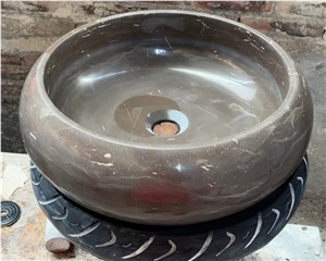 Hand Made Round Beige Wash Basin Natural Marble Stone Sink