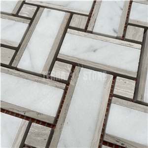 White Wood Carrara White Marble Basketweave Mosaic Tile