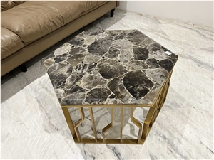 Smoky Quartz Semiprecious Stone Crystal Coffee Table, Gemstone Table