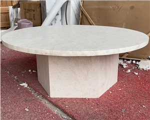 Round Natural Stone Dining Table Beige Travertine Coffee Table