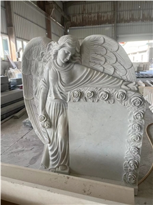 Carved Marble Angel Monument Carrara White Upright Headstone