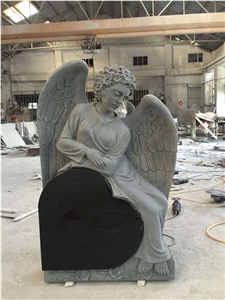 Carving Angel Holding Heart Headstone Black Granite Monument