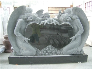 Double Heart Anges Upright Absolute Black Granite Monument