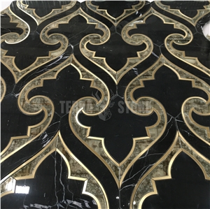 Brass Inlay Black Marble Glass Luxury Waterjet Mosaic Tile