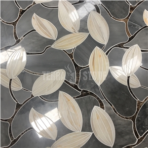 Flower Leaves Pattern Waterjet Gray White Marble Mosaic Tile