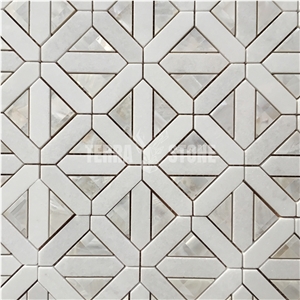 Geometry Water Jet Thassos White Marble + Mother Pearl Shell Mosaic Tile