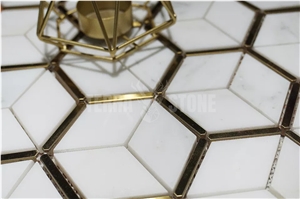Golden Metal Stainless Steel White Marble Hexagon Mosaic