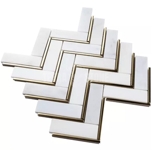 Luxury Chevron Herringbone White Marble Gold Metal Mosaic