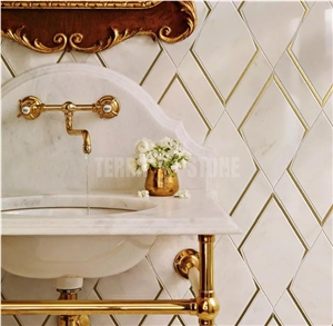 Luxury Gold Metal Brass Inlay White Marble Mosaic Wall Tiles