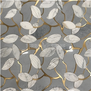 Luxury Waterjet Marble Mosaic Tiles Flower Design With Brass