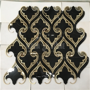Nero Marquina Black Marble Gold Brass Waterjet Mosaic Tile