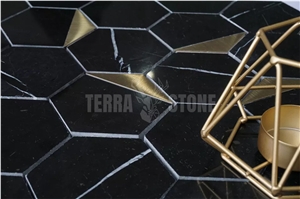Nero Marquina Black Marble Stone Mosaic Hexagon Gold Metal