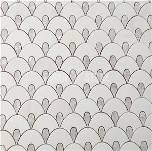 Pearl Shell + Thassos White Marble Mosaic Fish Scale Tiles Bathroom Wall