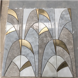 Water Jet Mosaic Natural Marble With Gold Metal Wall Tile