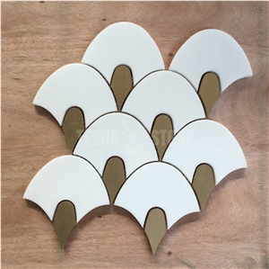 White Marble Tile Fish Scale Mix Brass Mosaic Waterjet Tile