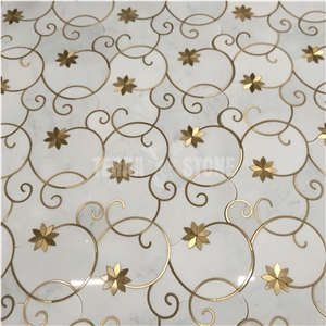 White Marble Waterjet Mosaic Design Mix Gold Brass Flower