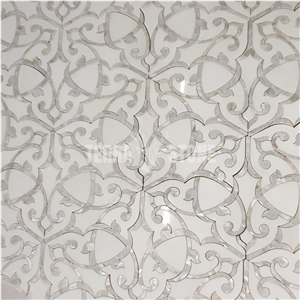 White Stone Shell Flower Pattern Water Jet Mosaic Design